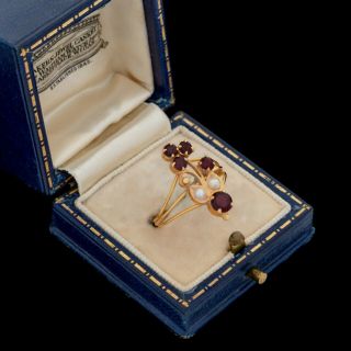 Antique Vintage Nouveau 22k Yellow Gold Mughal Garnet Pearl Wedding Ring S 6