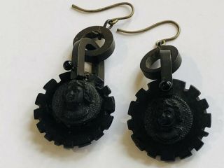 Antique Victorian Silver Whitby Jet Carved Cameo Earrings