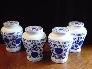 4 Amarena Fabbri Bologna Italy Blue & White Milk Glass Jars Metal Twist Lids 5 "