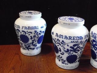 4 Amarena Fabbri Bologna Italy Blue & White Milk Glass Jars Metal Twist Lids 5 