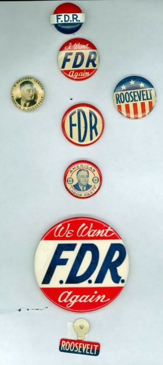 6 Vtg 1936 - 44 President Fdr Roosevelt Campaign Pinback Buttons 1 Pinback Fdr