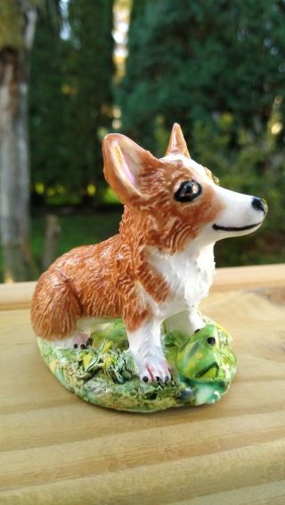 Pembroke Welsh Corgi Dog With Frog Ceramic Sculpture Figurine Statue Signed Ooak