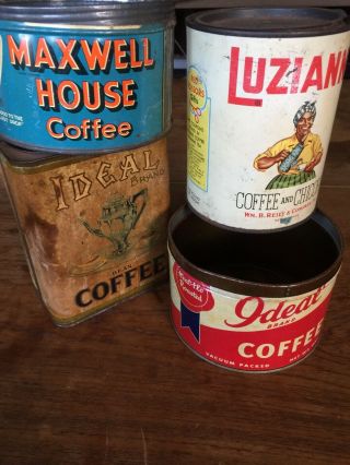 4 Old Antique Coffee Tins,  Luzianna,  Black Americana,  2 Ideal Brand & Maxwell Hs