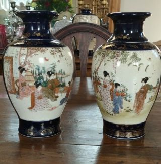 Antique Japanese Satsuma Vases Signed Meiji Period