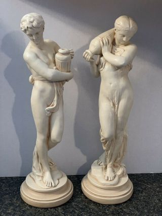 2 Vintage Alexander Backer Chalkware Plaster Statue Woman & Man 17” Carrying Jug