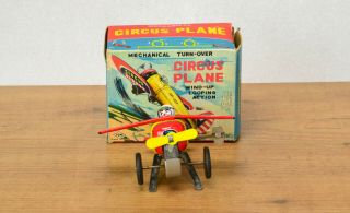 Antique Tin Toy Lithographed Yonezawa Clockwork Clown Airplane Boxed Japan