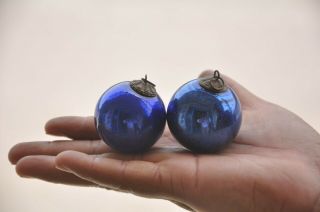 2 Pc Vintage 1.  50  Blue Glass Heavy Kugel/christmas Ornament,  Germany