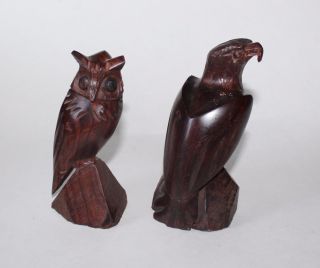 Vintage Hand Carved Brown Wood Animal Bird Eagle & Owl Figure Figurines