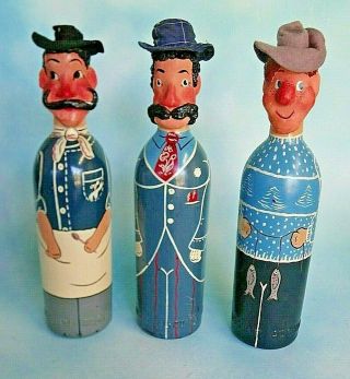 Set Of 3 Vintage Hand Painted Empty Wine Bottles W/real Fabric Hats
