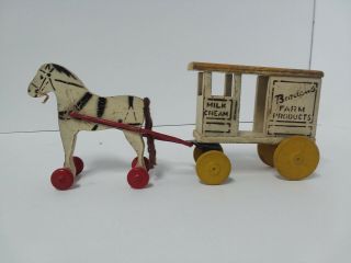 1920s 1930s Bordens Dairy Wooden Toy Horse And Wagon Pull Toy