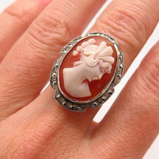 Antique Art Deco 925 Sterling Silver Marcasite Gem Cameo Lady Collectible Ring