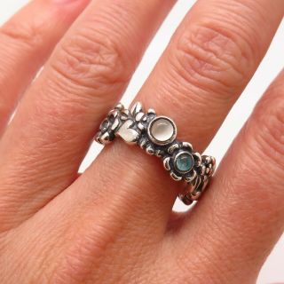 Pandora 925 Sterling Silver Blue Topaz & Moonstone Gemstone Clear Cz Floral Ring