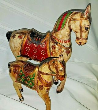 Gorgeous 2 Asian Antique Wooden Horses Hand - Painted Carved 8 " &12 " Stallion