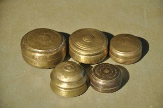 5 Pc Old Brass Small Handcrafted Engraved Round Powder / Pill Boxes