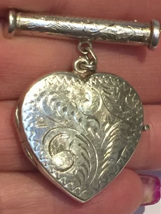 Large Vintage Sterling Silver Hinged Engraved Heart Brooch Photo Picture Locket