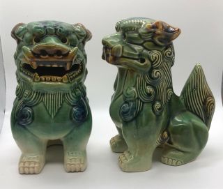Matched Green/blue/brown Ceramic Glazed Foo Dogs - - 7 " Tall