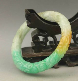 Old Chinese Natural Green White Yellow Jade Hand Carved Flower Intaglio Bangle