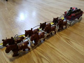 Vintage Cast Iron Beer Wagon W/8 Clydesdale Horses Dog And Wood Barrels