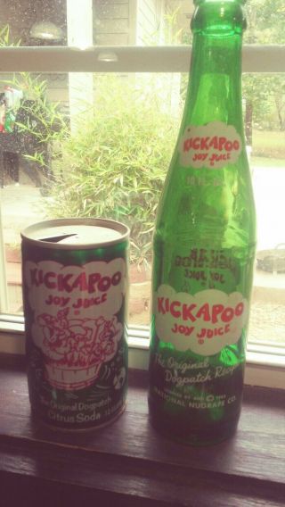 Vintage Kickapoo Joy Juice Soda Bottle & Can Dogpatch Green Glass