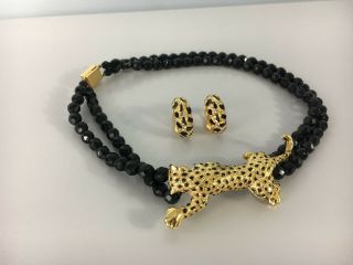 Vintage 1980s Joan Collins Set Gold Diamante Clip Earrings Necklace Leopard