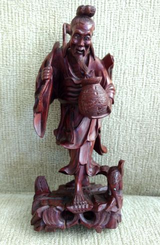 Chinese Finely Carved Wooden Figure Of A Fisherman - 19th Cent - 7 5/8 " High