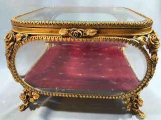 Matson Ormolu Vanity Gold Gilt Beveled Glass Jewelry Box Casket Red Tufted Vtg