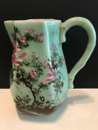 Vintage Japanese Hand Painted Floral Green Glazed Porcelain Pitcher 6 3/4 "
