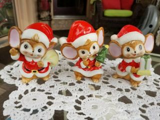 Vintage Set Of 3 Christmas Santa Mice Homco 5405 Tree Presents