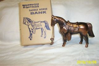 Vintage Bronze/copper Metal Western Style Horse Bank With Key And Orig.  Box