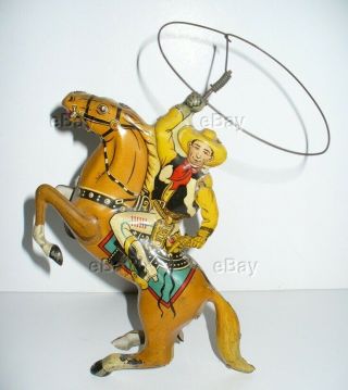 Vintage Louis Marx Tin Wind - Up Ranger Cowboy Toy Litho Lasso Rodeo Bucking Bronc