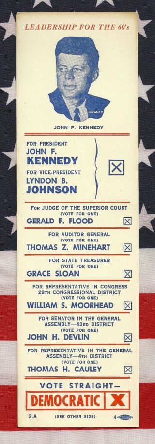 John F.  Kennedy Jfk Political Campaign Democratic Pennsylvania Pa Sample Ballot