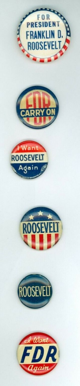 6 Vtg 1936 - 40 President Franklin D.  Roosevelt Campaign Pinback Buttons Carry On