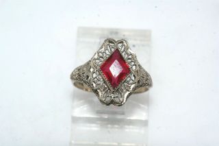 Deco Vintage 10k White Gold Filigree Red Stone Ring Sz 4.  25