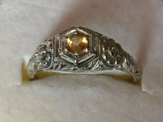 Vintage Sterling Silver Filigree Ring With Citrine Stone.  Size 8
