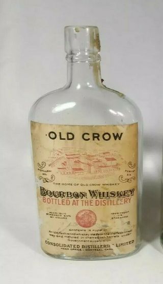 Vintage Glass Whiskey Bottles Flasks Old Crow Tax Strip Paper Label
