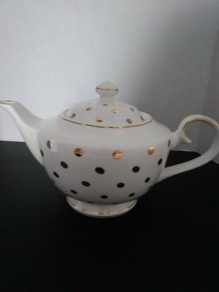 Porcelain Teapot White With Gold Polka Dots.  Elegant Teapot For Teas By Grace