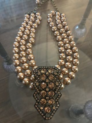 Heidi Daus Necklace Champagne Crystals 3 Strand Simulated Gold Pearls Pre Owned