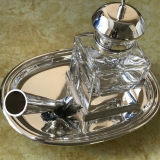 Vintage Sterling Silver Glass Inkwell W/stand 800 Silver Not A Scrap