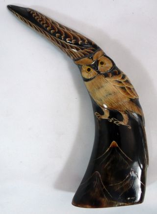 Handcrafted Owl Sculpture Carved Buffalo Black Horn Ns2
