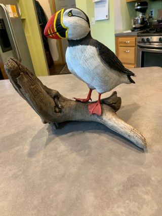 Vintage Hand Carved Wood Painted Ruffin Bird Driftwood Detailed Signed Sculpture