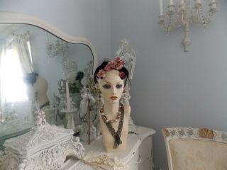 Vintage Lady Mannequin Display Head Bust W/ Eyelashes,  Vtg.  Hat And Added Jewels