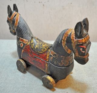 Old Vintage Hand Carved Painted Wooden Horse On Wheels Figurine Box