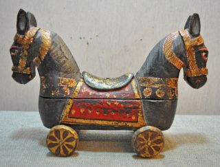 Old Vintage Hand Carved Painted Wooden Horse on Wheels Figurine Box 2