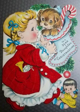 Vtg 1950s Paramount Die Cut Christmas Card,  Girl Dog Doll,  Flocked,