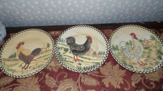 Vintage Roosters Chickens Wood Hand Painted Plates Set Of 3 Farmhouse Country