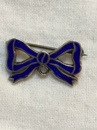 Art Deco Antique Sterling Silver Blue Enamel Bow Brooch For Hanging 1920s 1930s