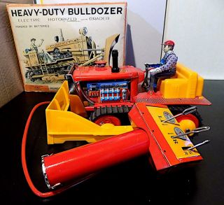 Vintage Tin,  Plastic Battery - Operated Heavy - Duty Bulldozer,  T.  N. ,  Japan,  Exib