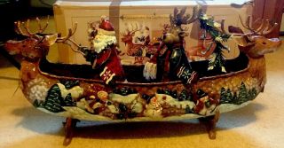 Large Metal Deer Canoe Santa & Moose 35 1/2  Long Rustic Lodge Christmas Euc