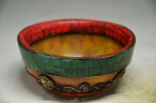 TIBET BUDDHISM RELIGION RED CORAL TURQUOISE BEESWAX BUDDHA BEAD OFFERING BOWL 3