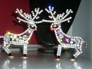 2x Vintage Glass Rhinestone Stand Up Christmas Reindeer Signed N30